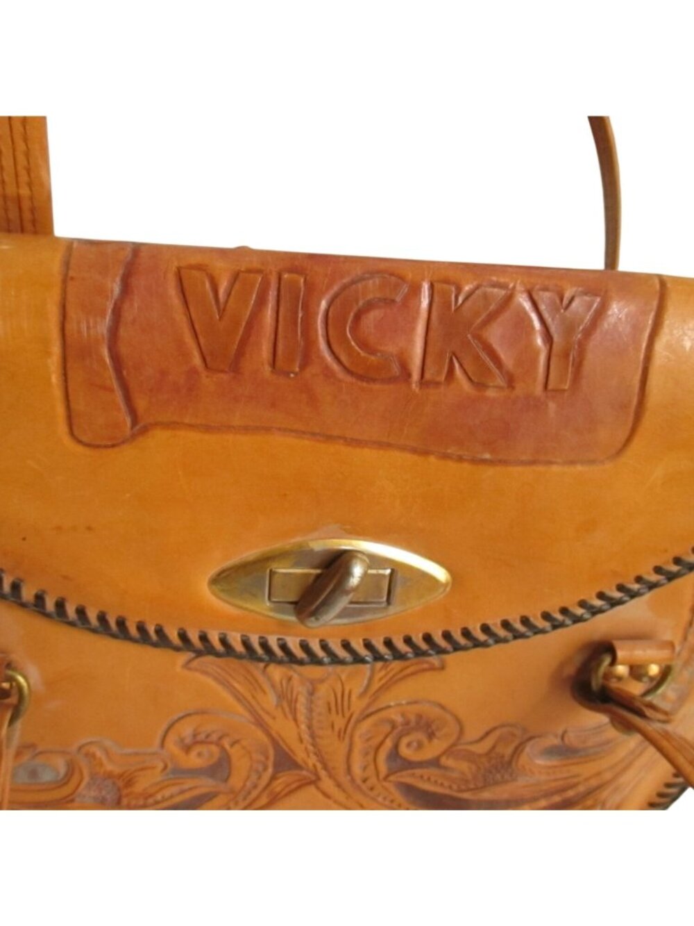 Vintage 1970's Women's Box Purse Leather Western Tooled "Vicky" Monogram Hippy
